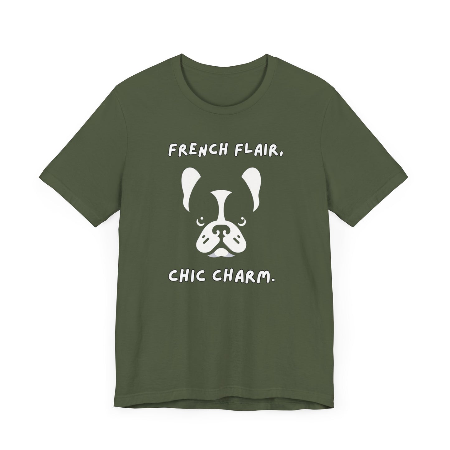 French Bulldog "French Flair, Chic Charm." Unisex Jersey Short Sleeve Tee