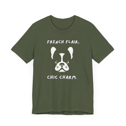 French Bulldog "French Flair, Chic Charm." Unisex Jersey Short Sleeve Tee