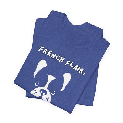 French Bulldog "French Flair, Chic Charm." Unisex Jersey Short Sleeve Tee